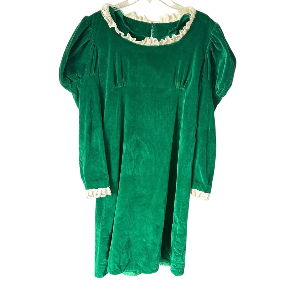 VTG Women's Ugly Christmas Dress Handmade Green Velvet Lace Collar Leg O'Mutton